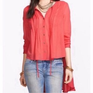 Free People Sisters of the Moon Blouse M Boho Peasant Top Flowy Hem Coral Red
